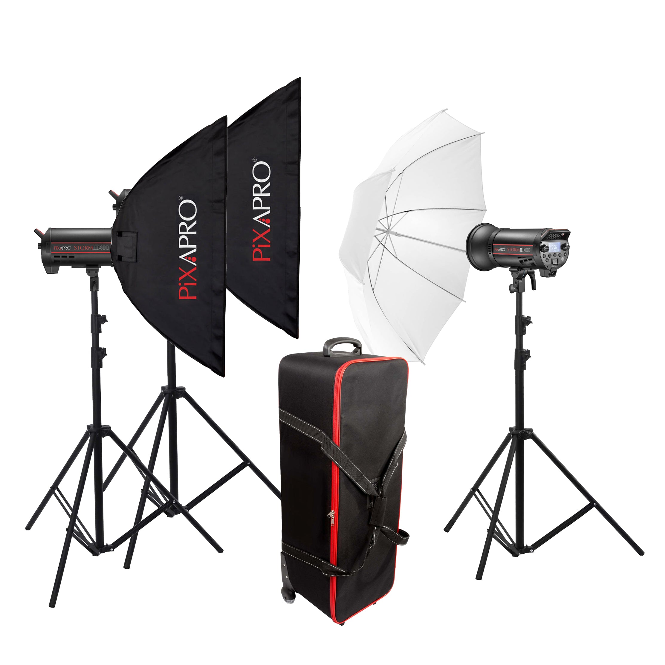 STORM400III Three-Head Battery LED Strobe Light with Umbrella & Softbox