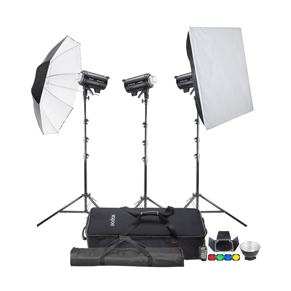 DP400IIIV Three Professional Studio Strobe Flash Lighting Kit