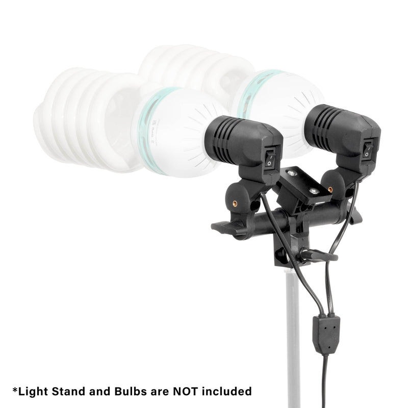 PiXAPRO DUOLiTE Twin E27 CFL Light Fixture with Umbrella slot (Three-Quarter back view with 2x CFL bulbs inserted.