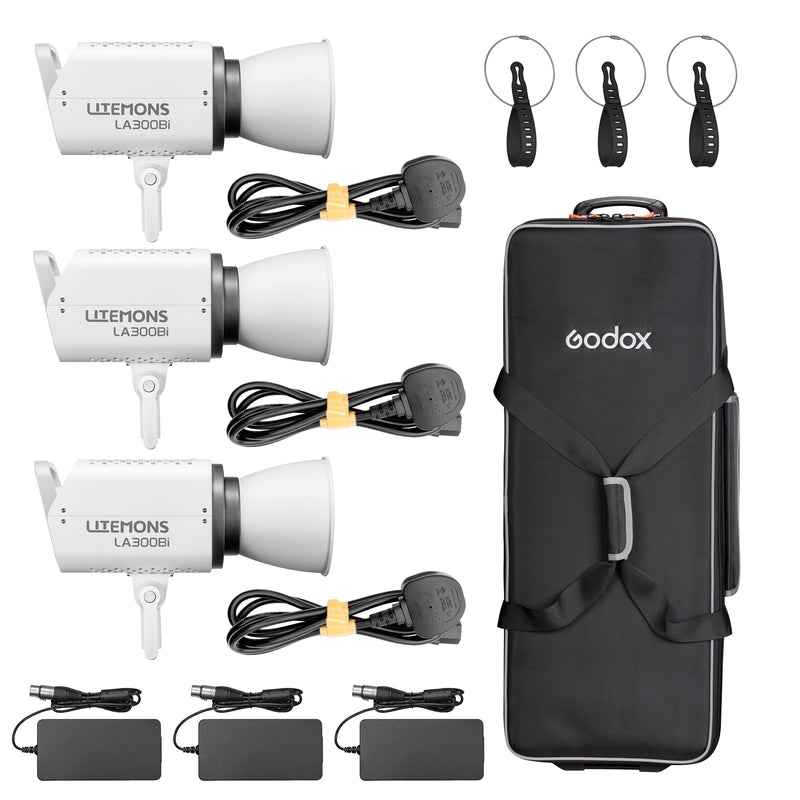 GODOX Litemons LA300BI Bi-Colour LED Video Light Three Head Kit Box Content