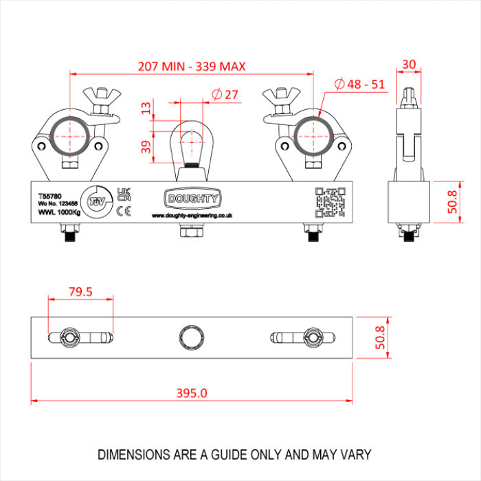 Diagram of the Doughty T55780 1000kg Solid Hanging Truss Adaptors (Silver)