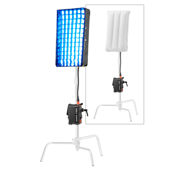 GODOX KNOWLED F100R RGB LED Light Mat With the softbox mounted to a C-Stand