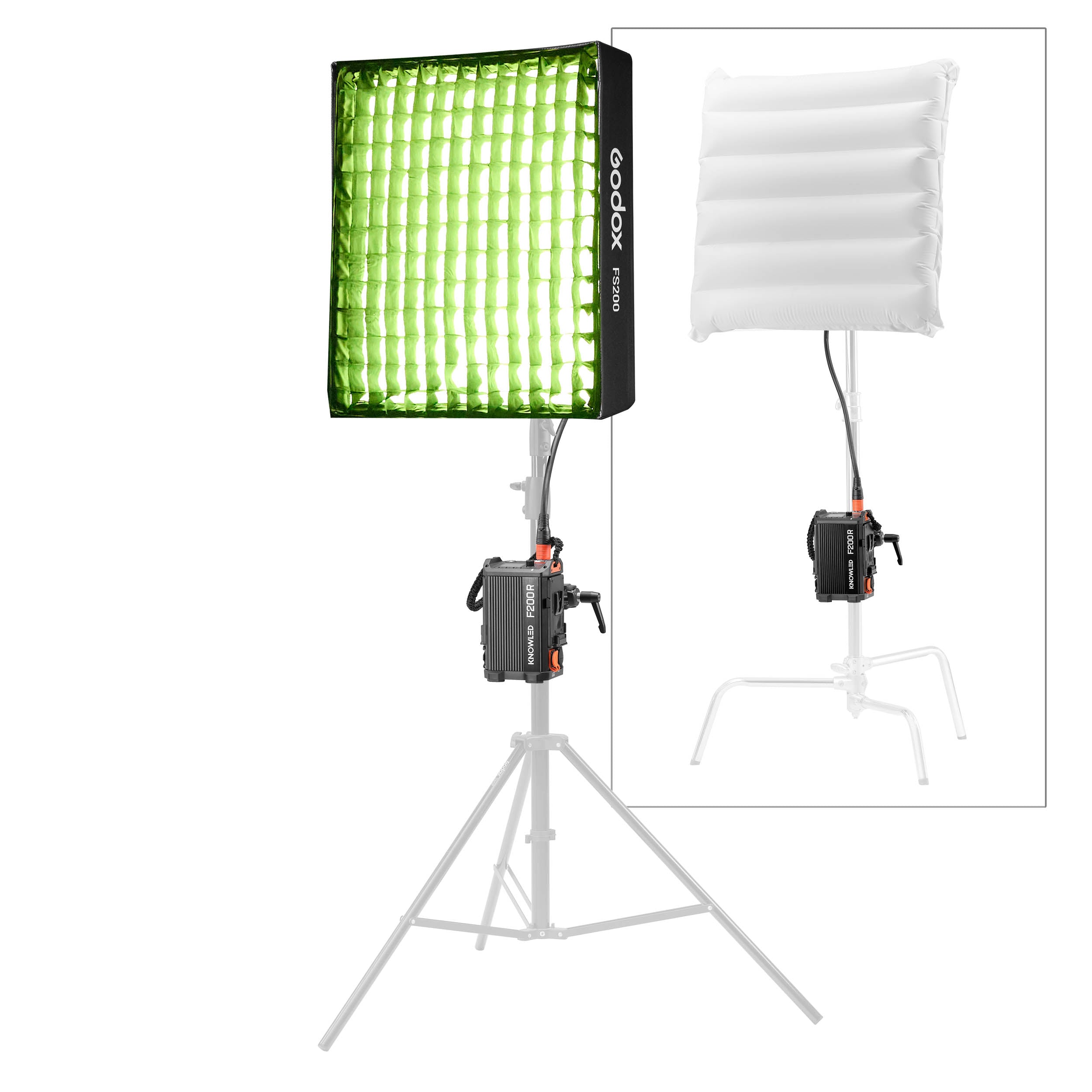 GODOX KNOWLED F200R RGB LED Light Mat With the softbox mounted to a C-Stand