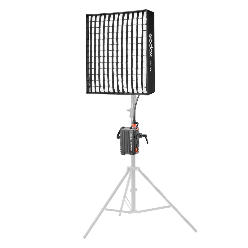 GODOX KNOWLED F200R RGB LED Light Mat With the softbox mounted to a C-Stand