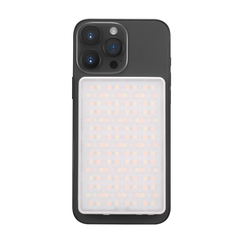 Godox MA5R RGB Compact Magnetic Charging LED Light mounted to a smartphone