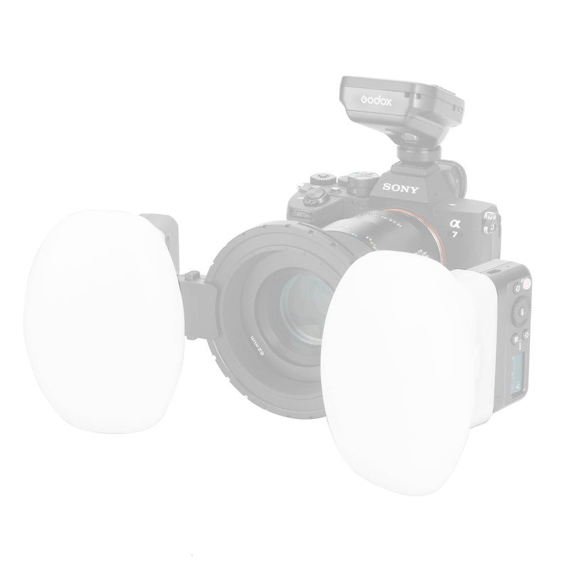 Godox MF-DD Dental Diffuser  mounted to  two MF12 flashes on a camera