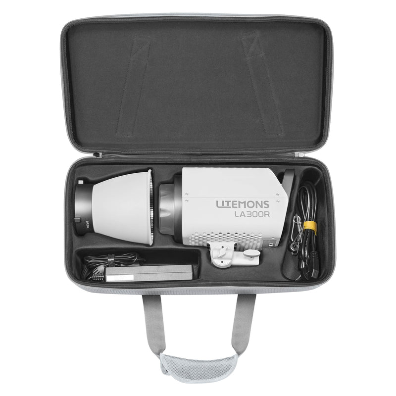 GODOX SC26 Carry Case for Litemons LA150R, LA200R, LA300R, and LA300Bi open with LA300R and accessories inside.