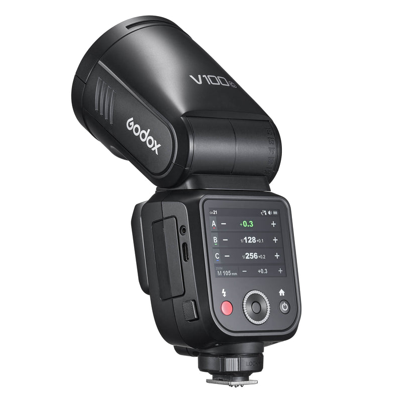 Godox V100 100Ws Round-head Speedlite Flash (Three-Quarter Back View)