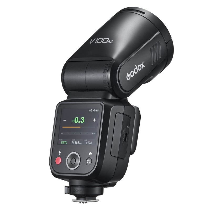 Godox V100 100Ws Round-head Speedlite Flash (Three-Quarter Back View)