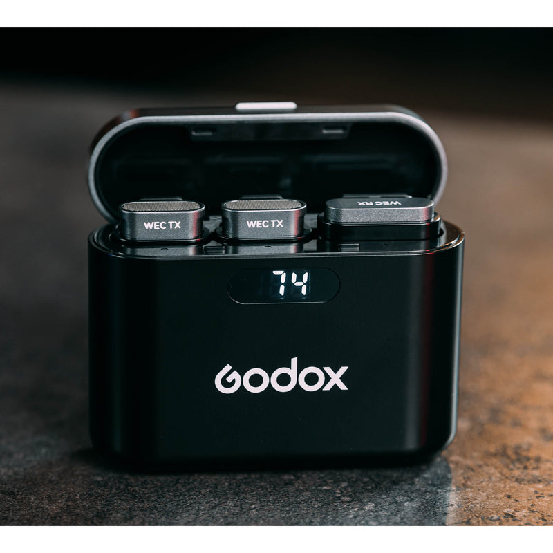 Godox WEC Wireless Lav Mic System in the included Charging Case