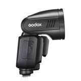 Godox V100 100Ws Round-Head Speedlite Flash Side View with Battery Port